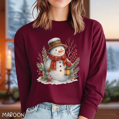 Rustic Snowman with Lantern Long Sleeve Tee