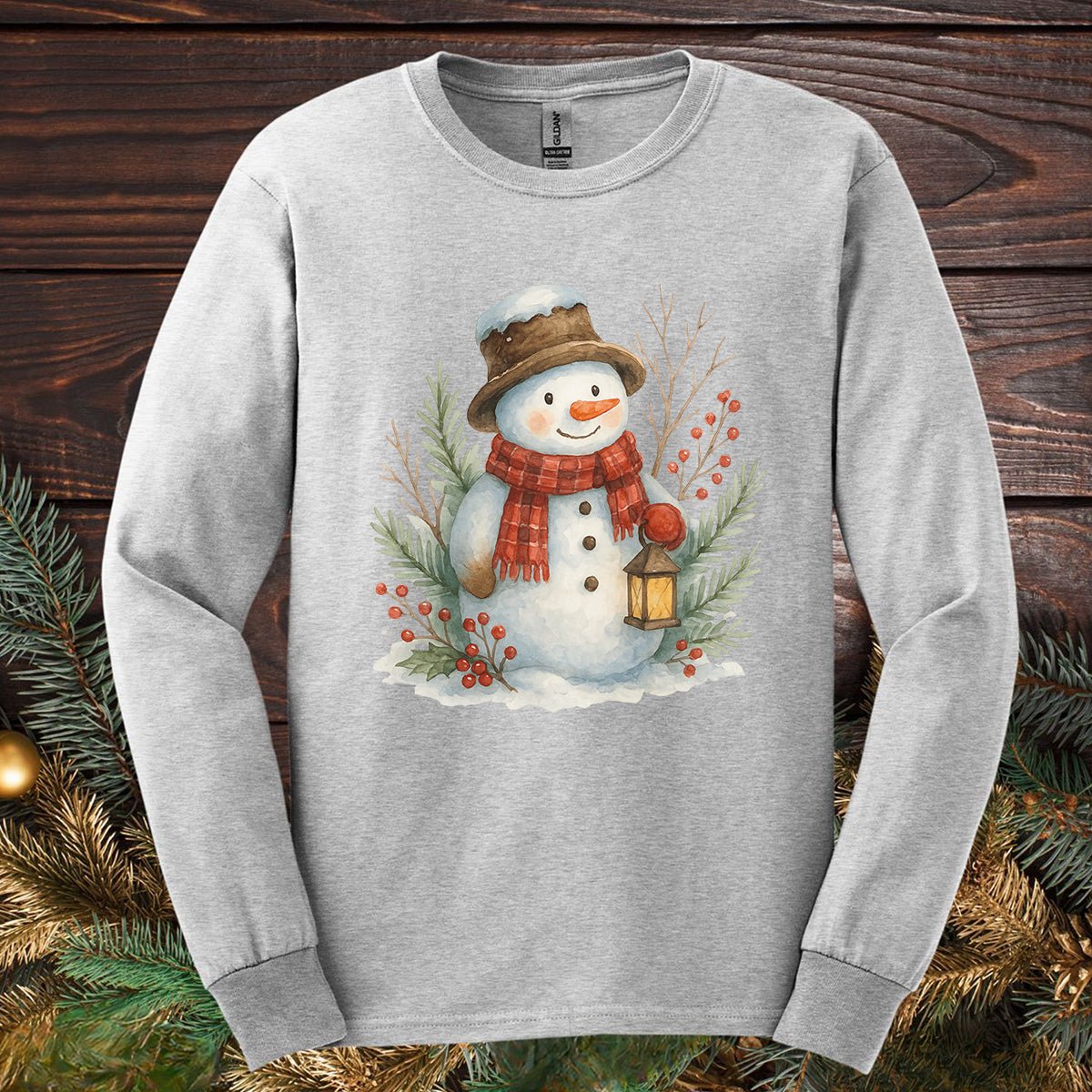 Rustic Snowman with Lantern Long Sleeve Tee