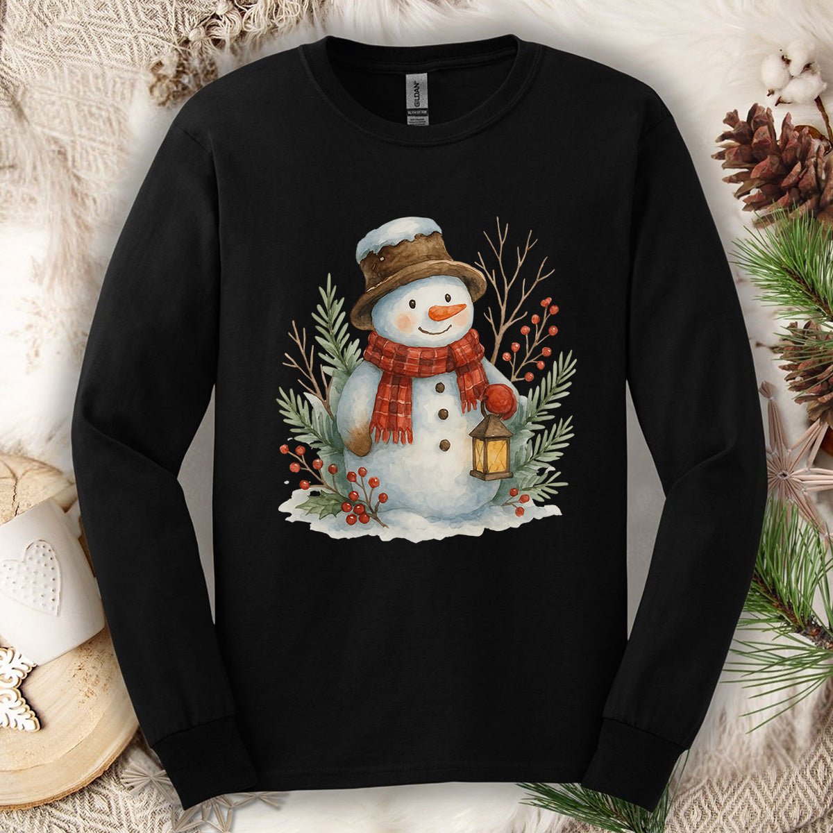 Rustic Snowman with Lantern Long Sleeve Tee
