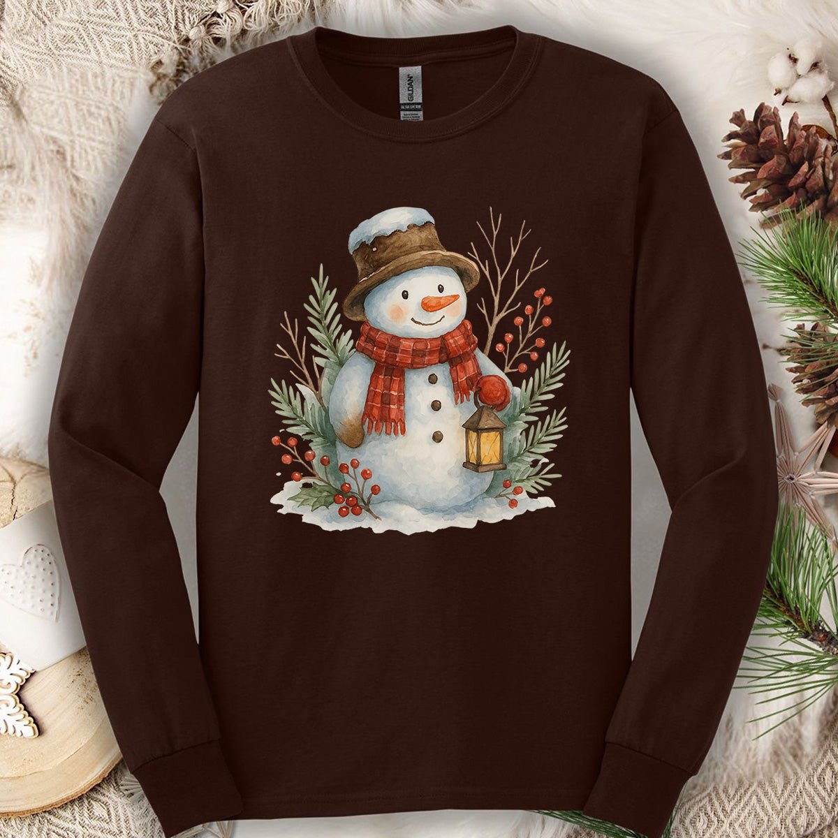 Rustic Snowman with Lantern Long Sleeve Tee