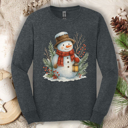 Rustic Snowman with Lantern Long Sleeve Tee