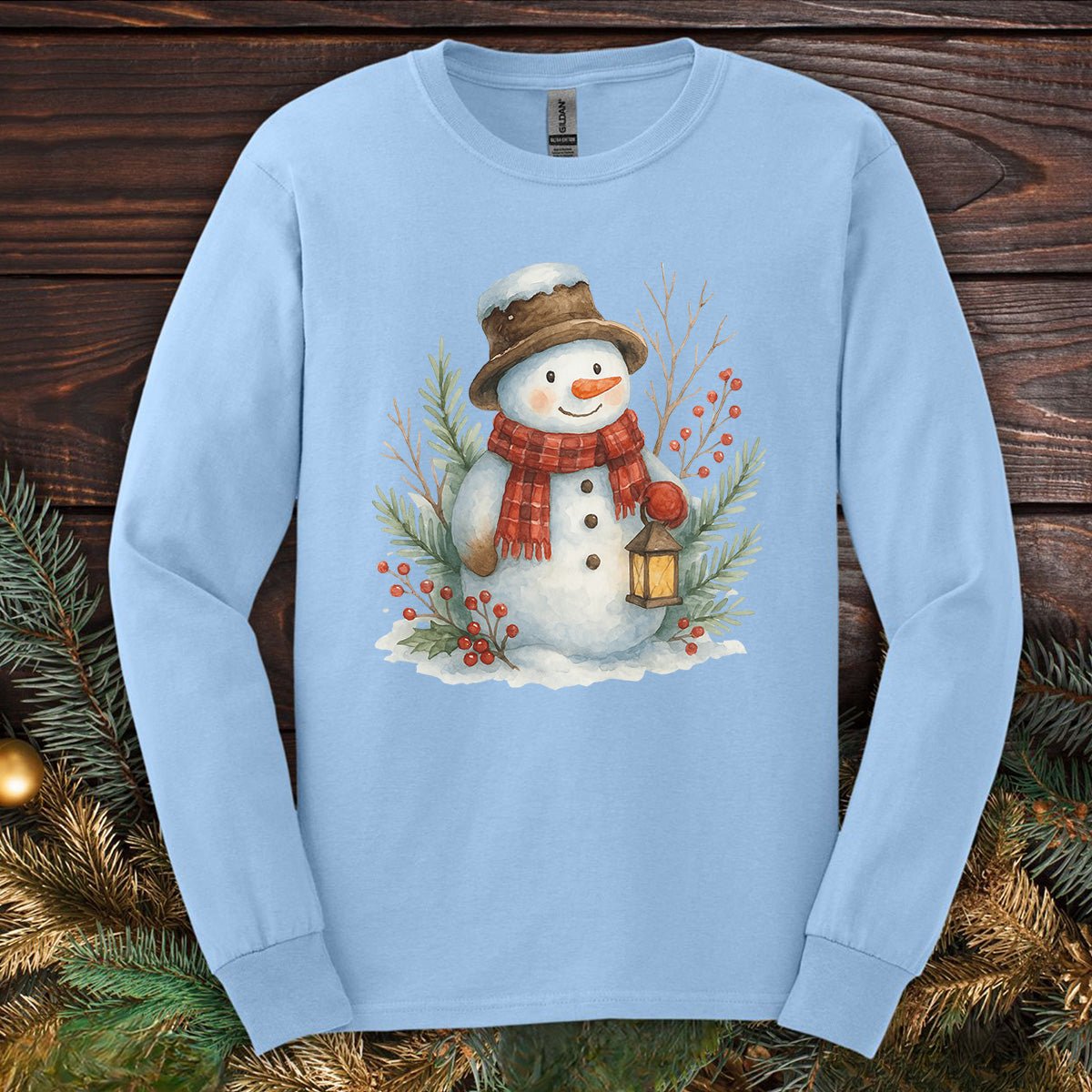 Rustic Snowman with Lantern Long Sleeve Tee