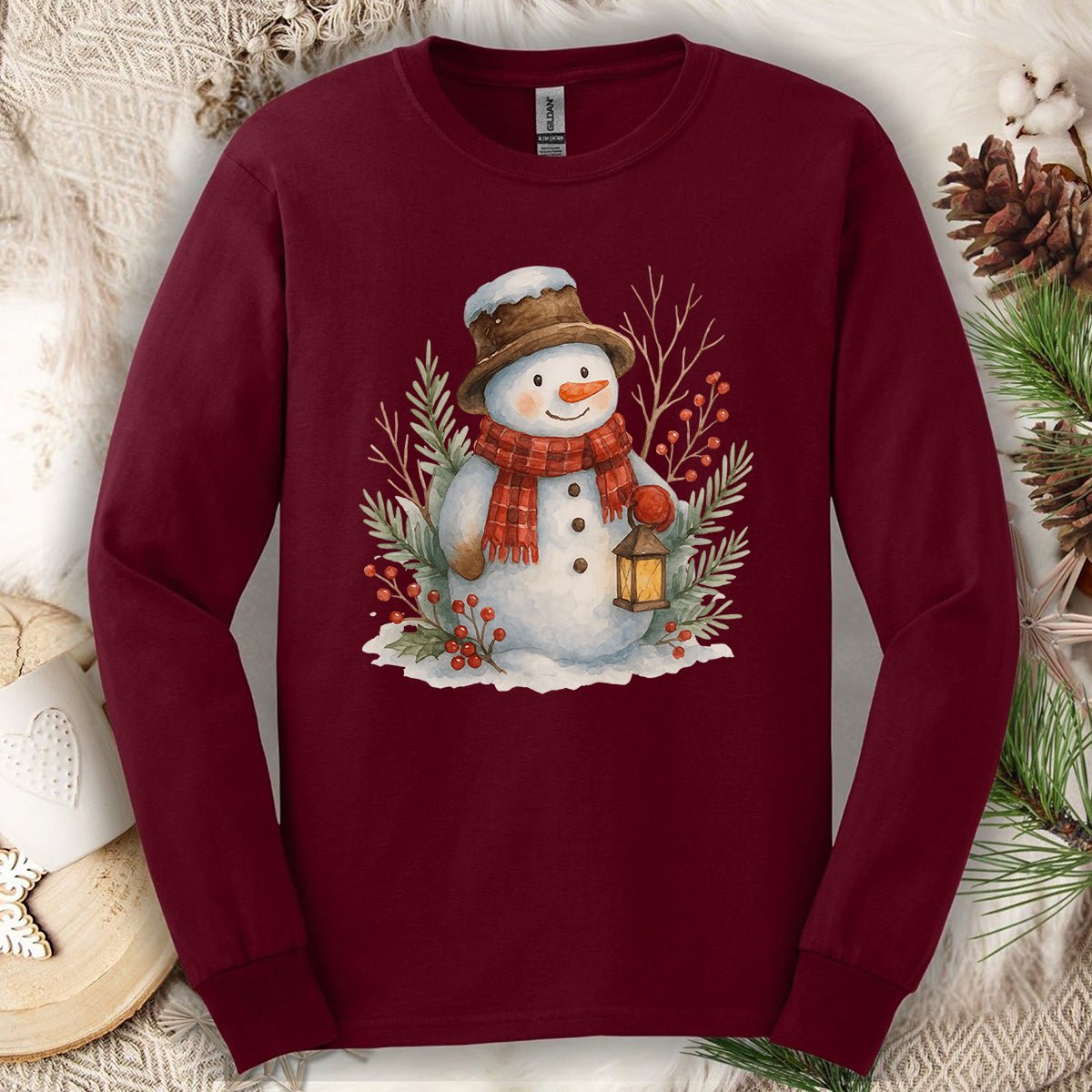 Rustic Snowman with Lantern Long Sleeve Tee