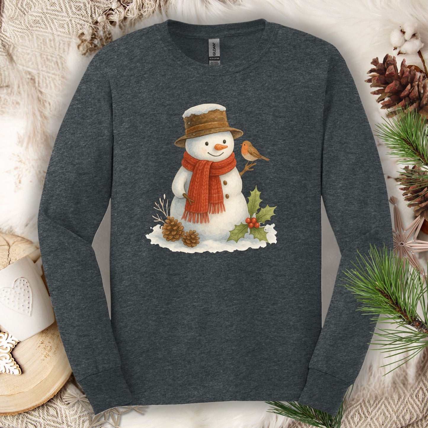Dark Heather Gildan 2400 long sleeve tee with a rustic watercolor snowman and sparrow design.