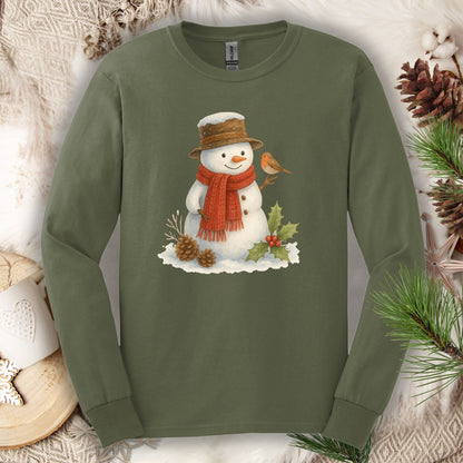 Military Green long sleeve tee with a rustic watercolor snowman, holly, and sparrow design.