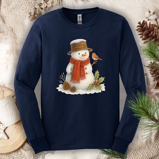 Navy long sleeve tee with a rustic watercolor snowman, holly, and sparrow design.