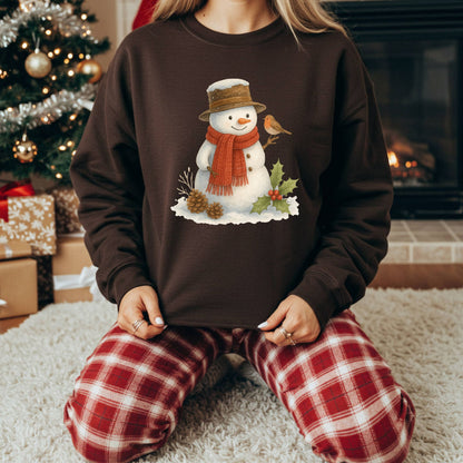 Brown Gildan 18000 sweatshirt with a watercolor snowman, holly, and sparrow design.