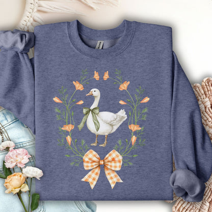 Heather Sport Dark Navy crewneck sweatshirt with a goose in a floral wreath and gingham bow design.