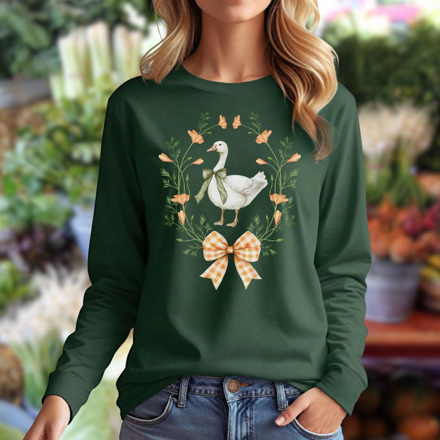 Rustic Spring Farmhouse Goose in Wreath Long Sleeve Tee