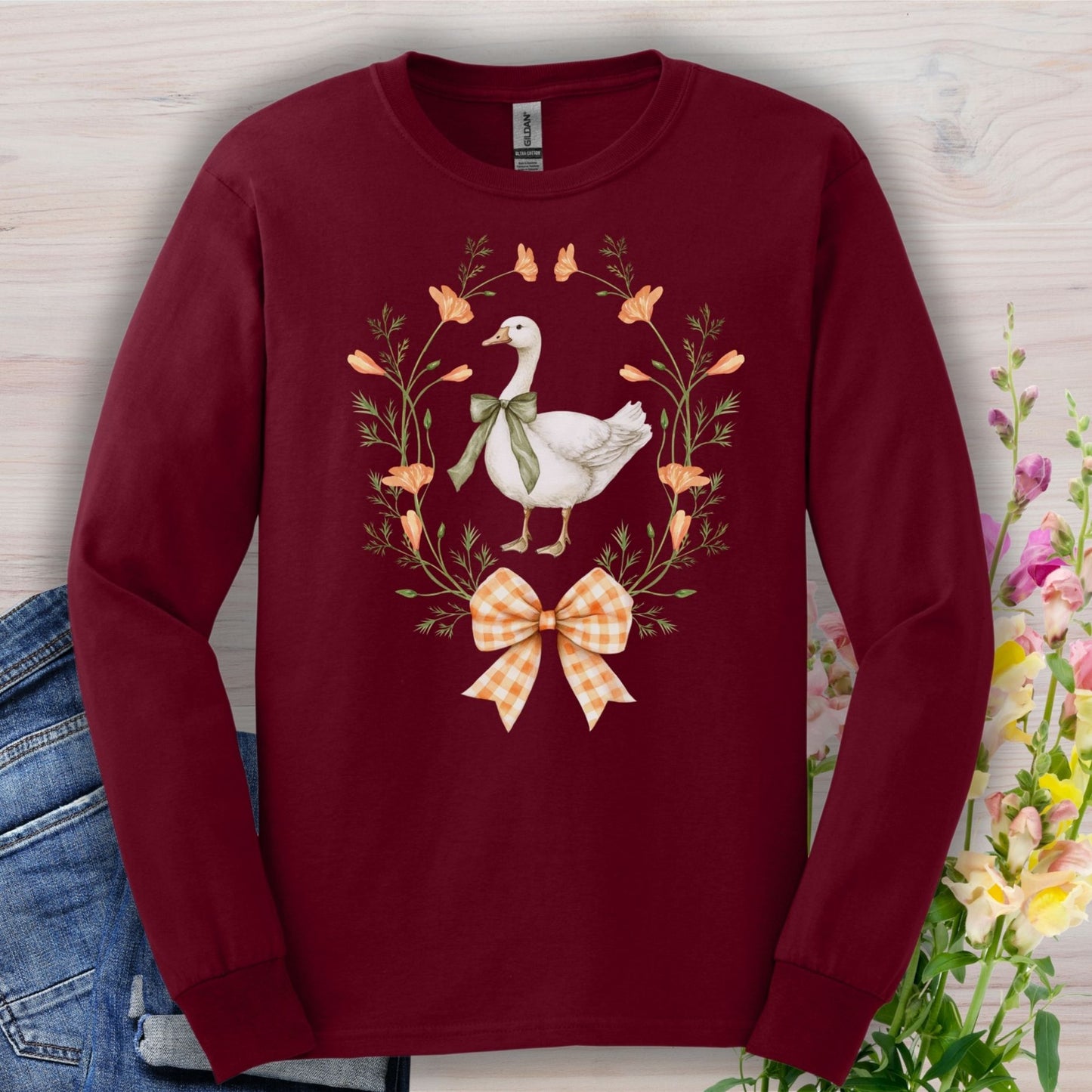 Rustic Spring Farmhouse Goose in Wreath Long Sleeve Tee