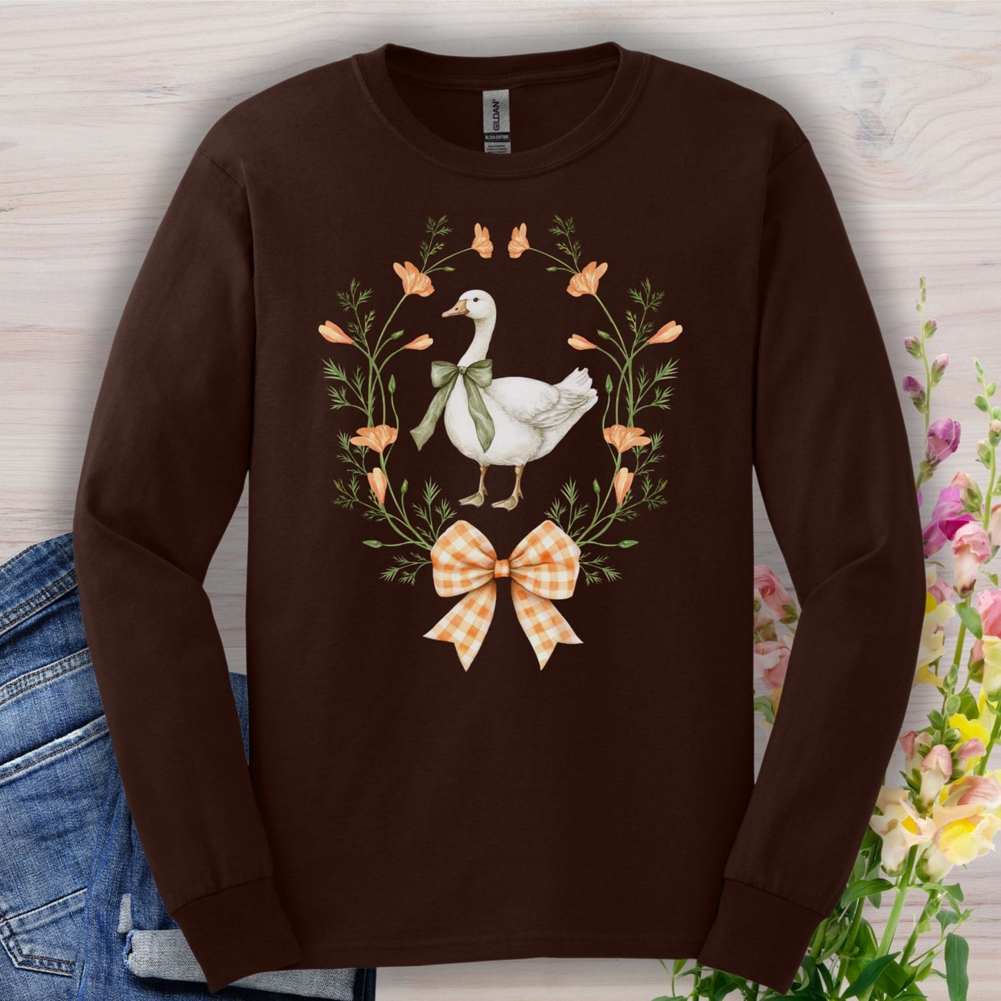 Rustic Spring Farmhouse Goose in Wreath Long Sleeve Tee