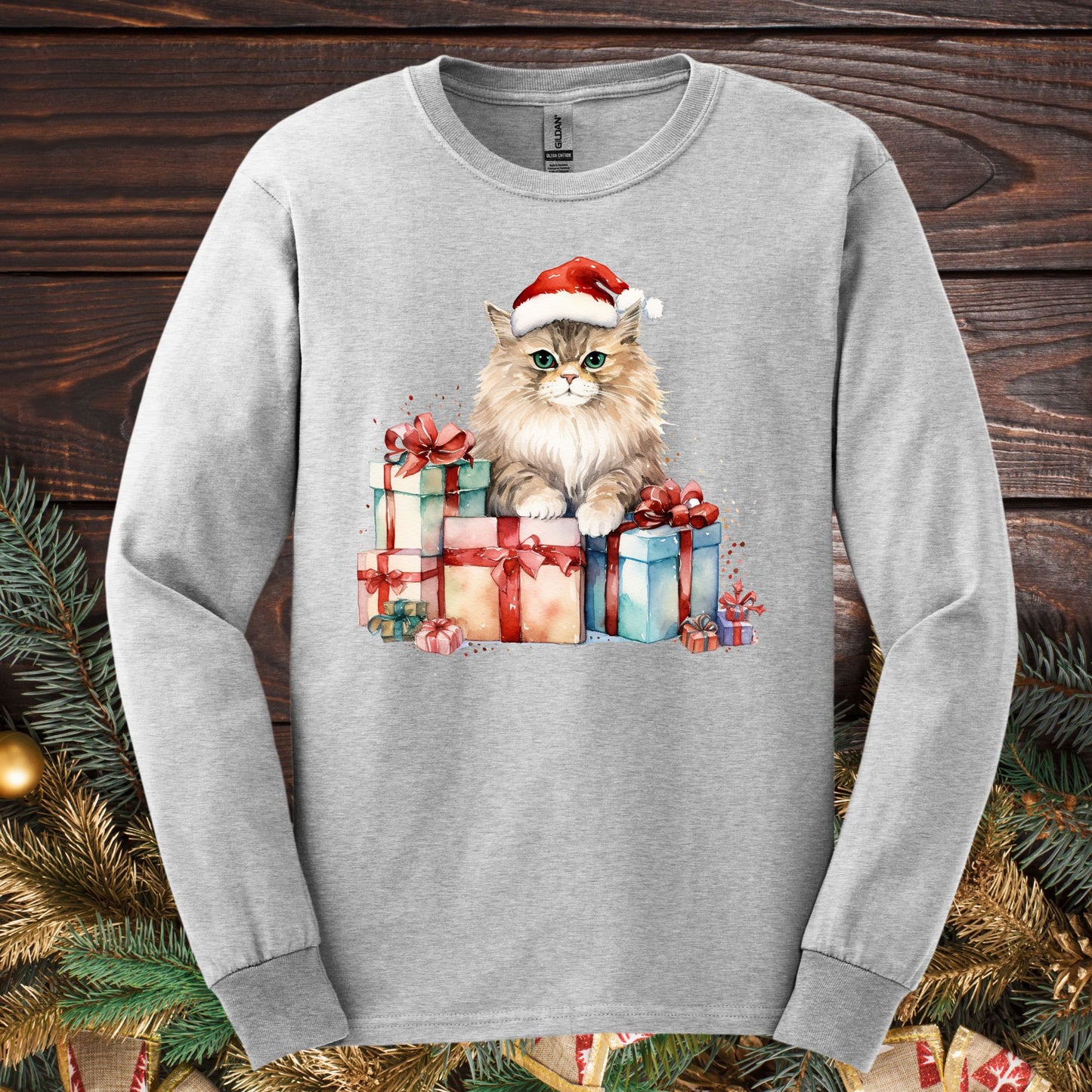 Ash Gildan long sleeve tee with a watercolor Santa cat on Christmas gifts.