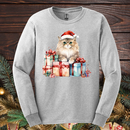 Ash Gildan long sleeve tee with a watercolor Santa cat on Christmas gifts.