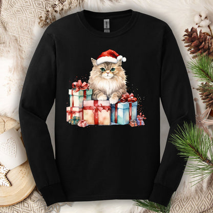 Black Gildan long sleeve tee with a watercolor Santa cat and Christmas gifts.