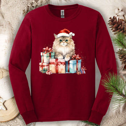Cardinal Red Gildan long sleeve tee with a watercolor Santa cat and Christmas gifts.