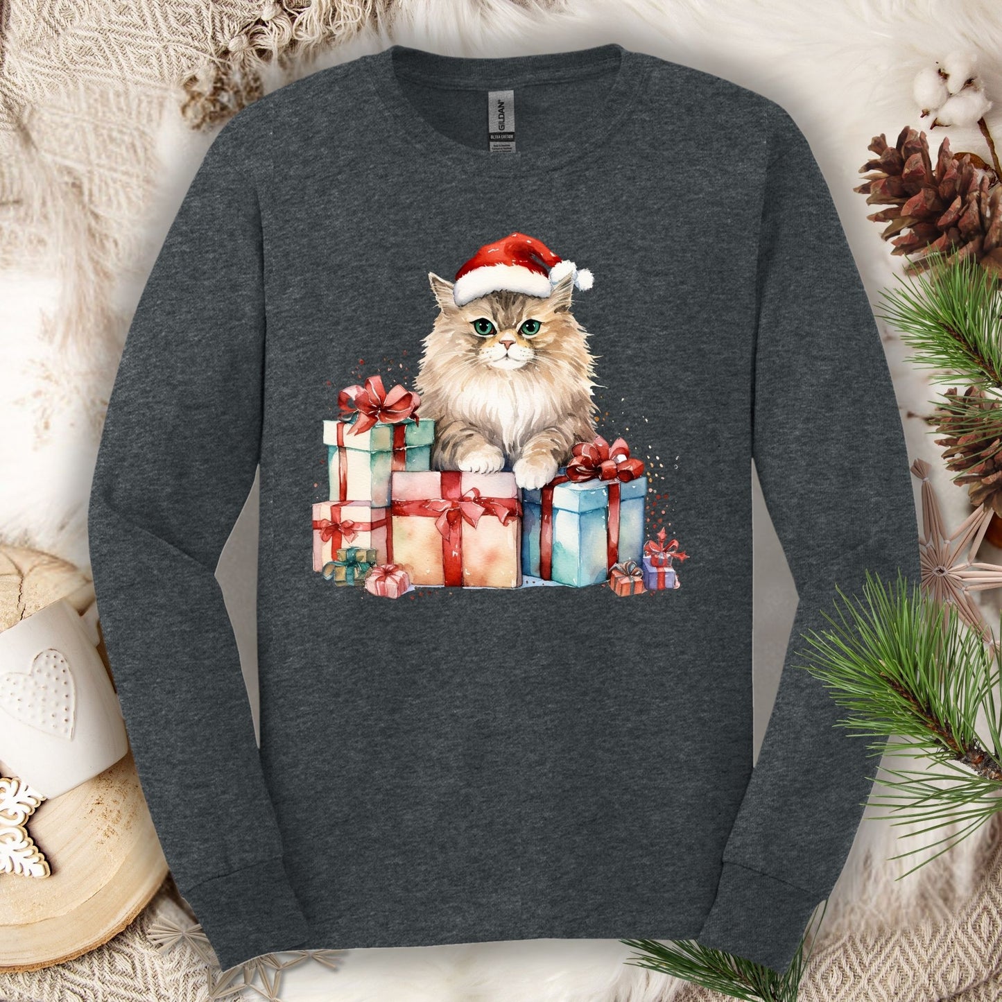 Dark Heather long sleeve tee with a watercolor Santa kitten on Christmas gifts.