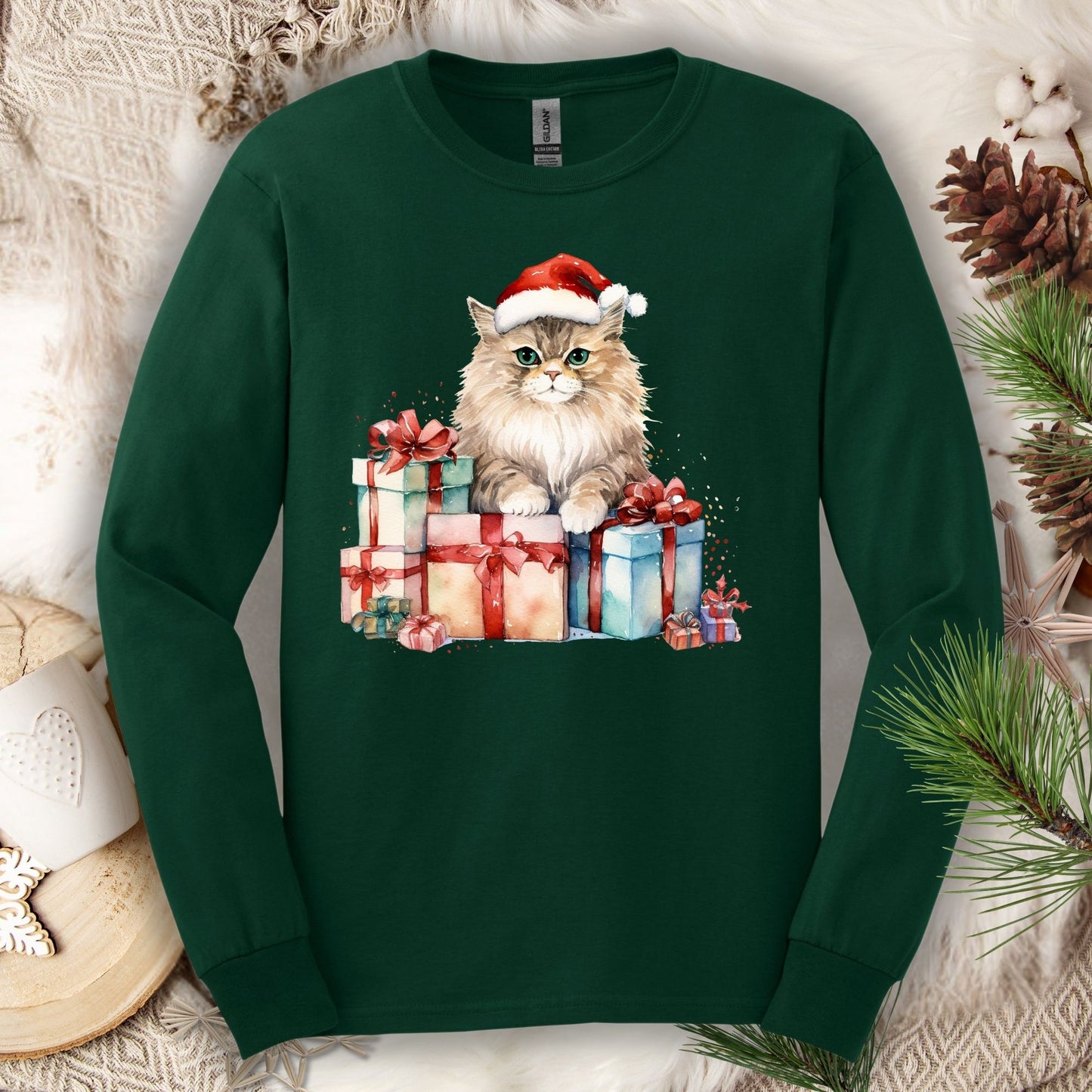 Forest Green Gildan long sleeve tee with a watercolor Santa cat on Christmas gifts.
