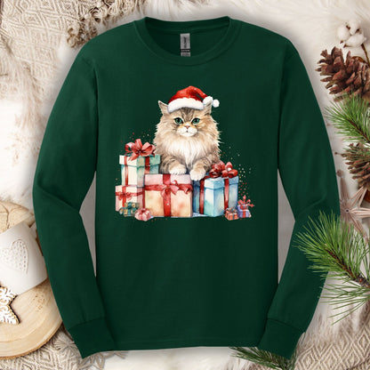 Forest Green Gildan long sleeve tee with a watercolor Santa cat on Christmas gifts.