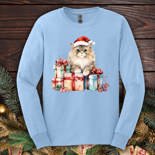 Light blue Gildan long sleeve tee with a watercolor Santa cat on Christmas gifts.