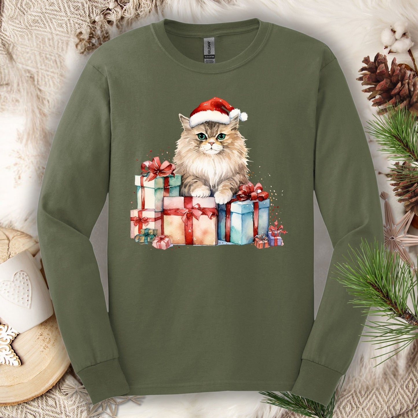 Military Green Santa Kitty Long Sleeve Tee, S, with watercolor kitten in Santa hat on Christmas gifts.