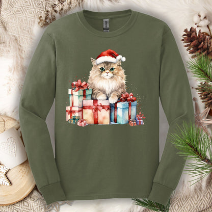 Military Green Santa Kitty Long Sleeve Tee, S, with watercolor kitten in Santa hat on Christmas gifts.
