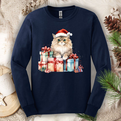 Navy long sleeve tee with a watercolor Santa cat on Christmas gifts.