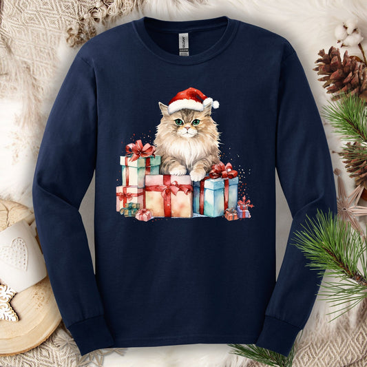 Navy long sleeve tee with a watercolor Santa cat on Christmas gifts.
