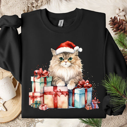 Black Gildan sweatshirt with a watercolor cat in a Santa hat on colorful Christmas presents.
