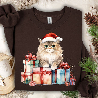 Dark Chocolate Gildan sweatshirt with a watercolor cat in a Santa hat on colorful Christmas presents.