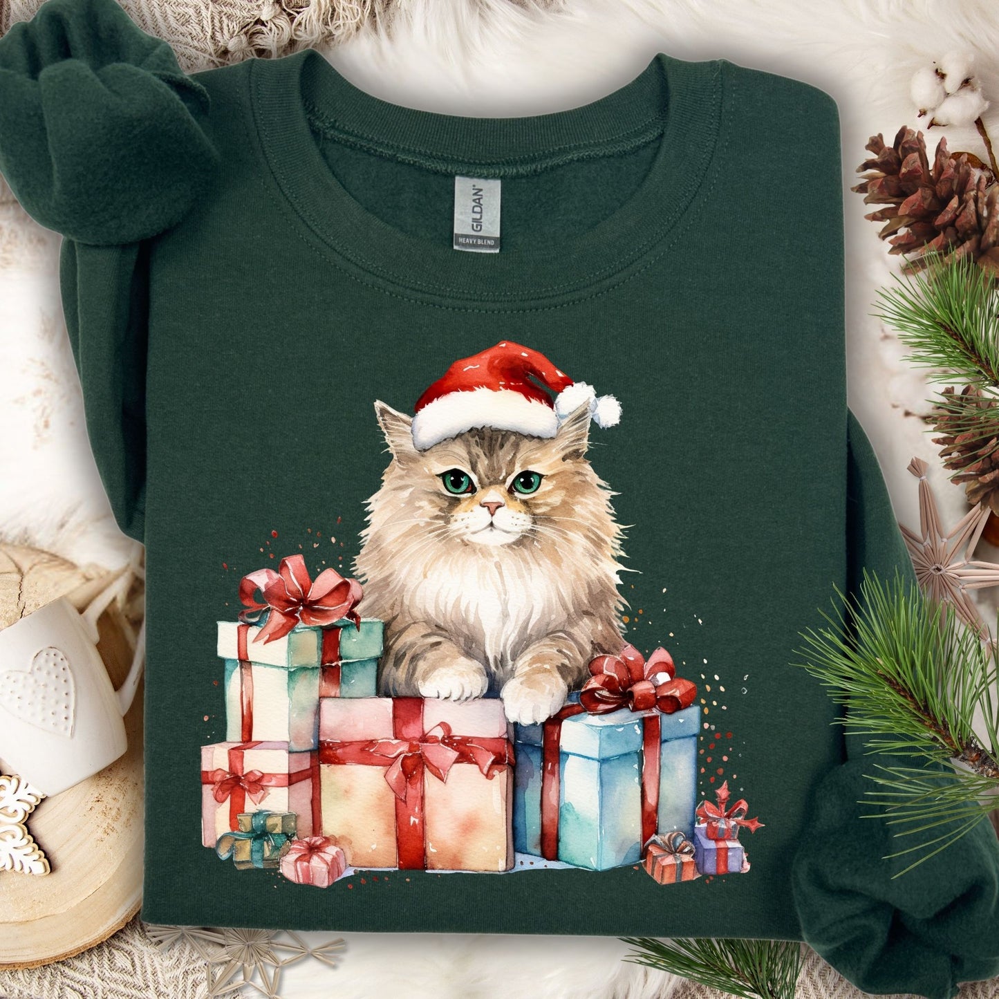Forest Green Gildan sweatshirt with a watercolor cat in a Santa hat on colorful Christmas presents.