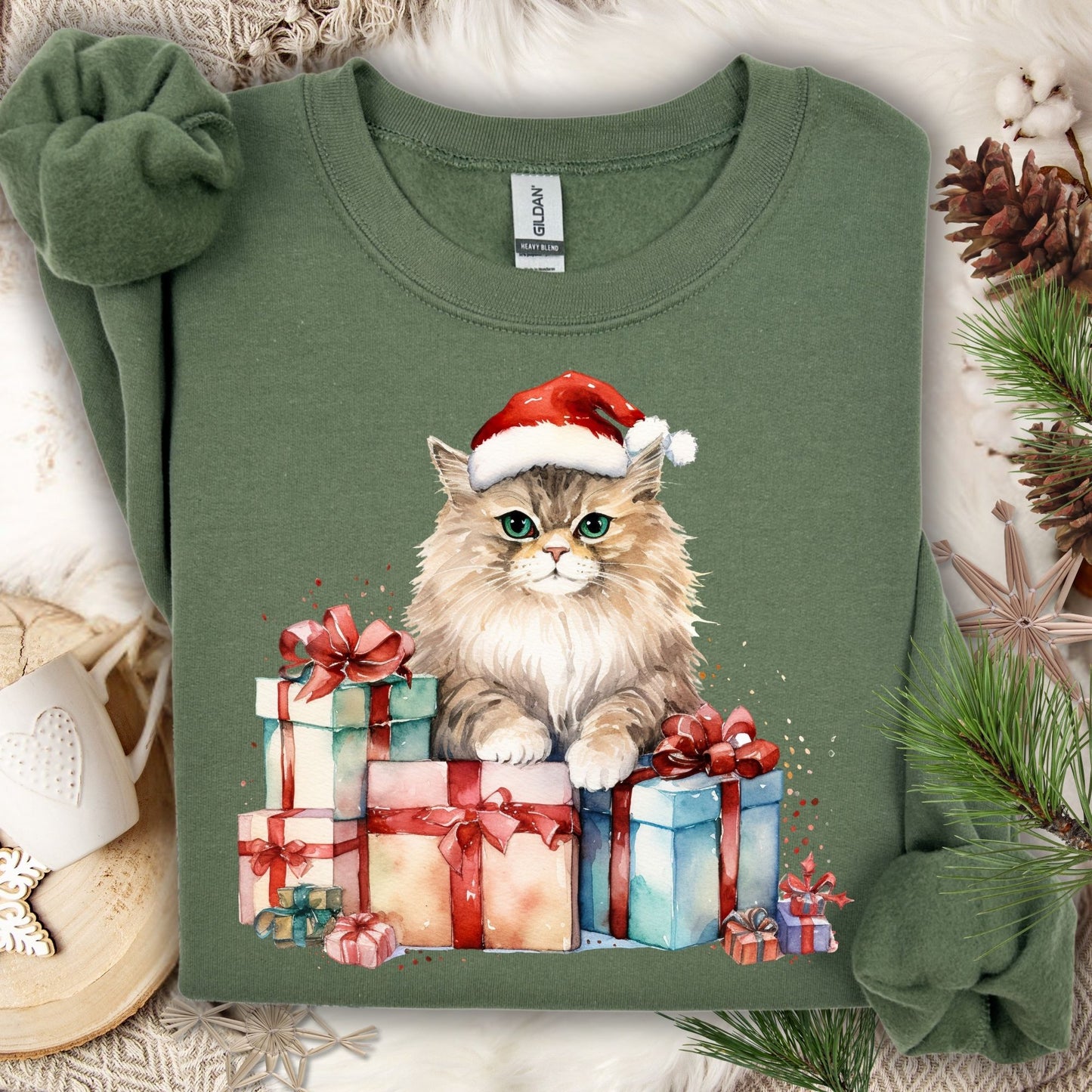 Military Green Gildan sweatshirt with a watercolor cat in a Santa hat on colorful Christmas presents.