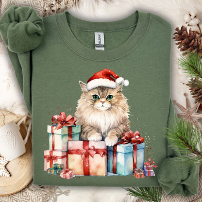 Military Green Gildan sweatshirt with a watercolor cat in a Santa hat on colorful Christmas presents.
