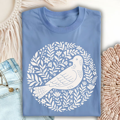 Carolina Blue T-shirt with a white Scandinavian bird and floral wreath design.