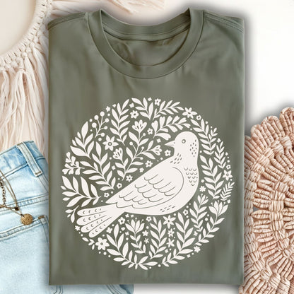 Military green S t-shirt with a white Scandinavian bird and floral wreath design.