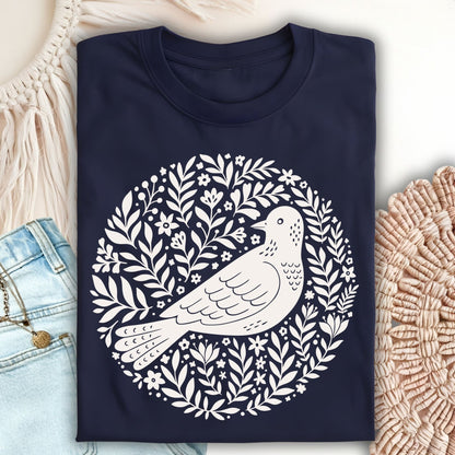 Navy Scandinavian bird art t-shirt, size S, with a white folk-style bird and floral design.
