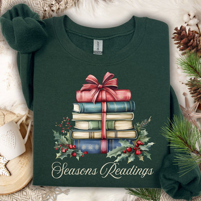 Forest Green Seasons Readings sweatshirt with watercolor vintage Christmas books, holly, and red bow.