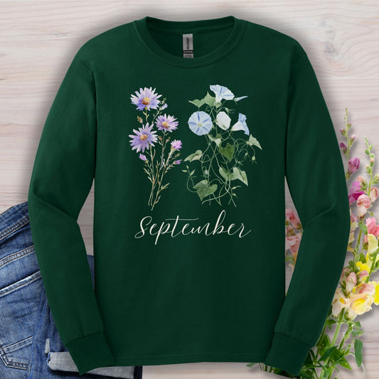 September Birth Month Flower Long Sleeve Tee — Aster & Morning Glory