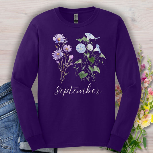 September Birth Month Flower Long Sleeve Tee — Aster & Morning Glory
