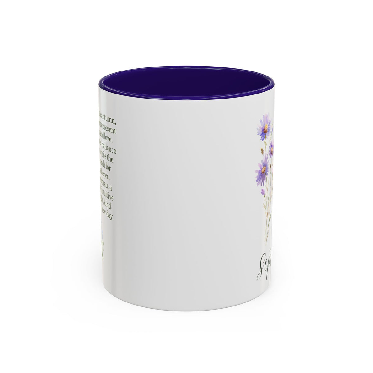 White ceramic mug with purple asters, blue morning glories, "September" text, and a deep purple interior and handle.