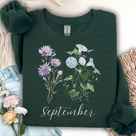 September Birth Month Flower Sweatshirt — Morning Glory & Aster