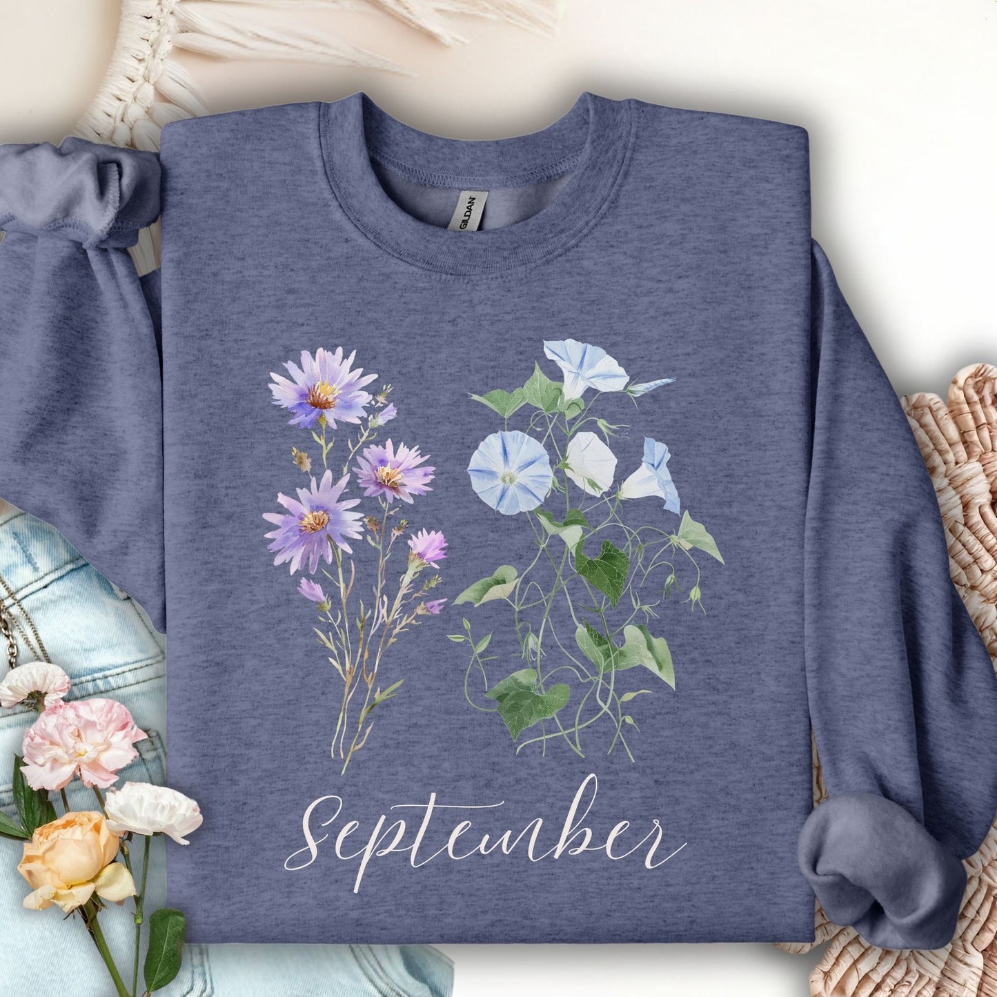 Heather Sport Dark Navy crewneck sweatshirt with watercolor morning glory and aster flowers, plus "September" text.