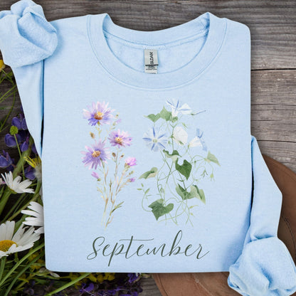 Light blue crewneck sweatshirt with watercolor morning glory and aster flowers, plus "September" text.