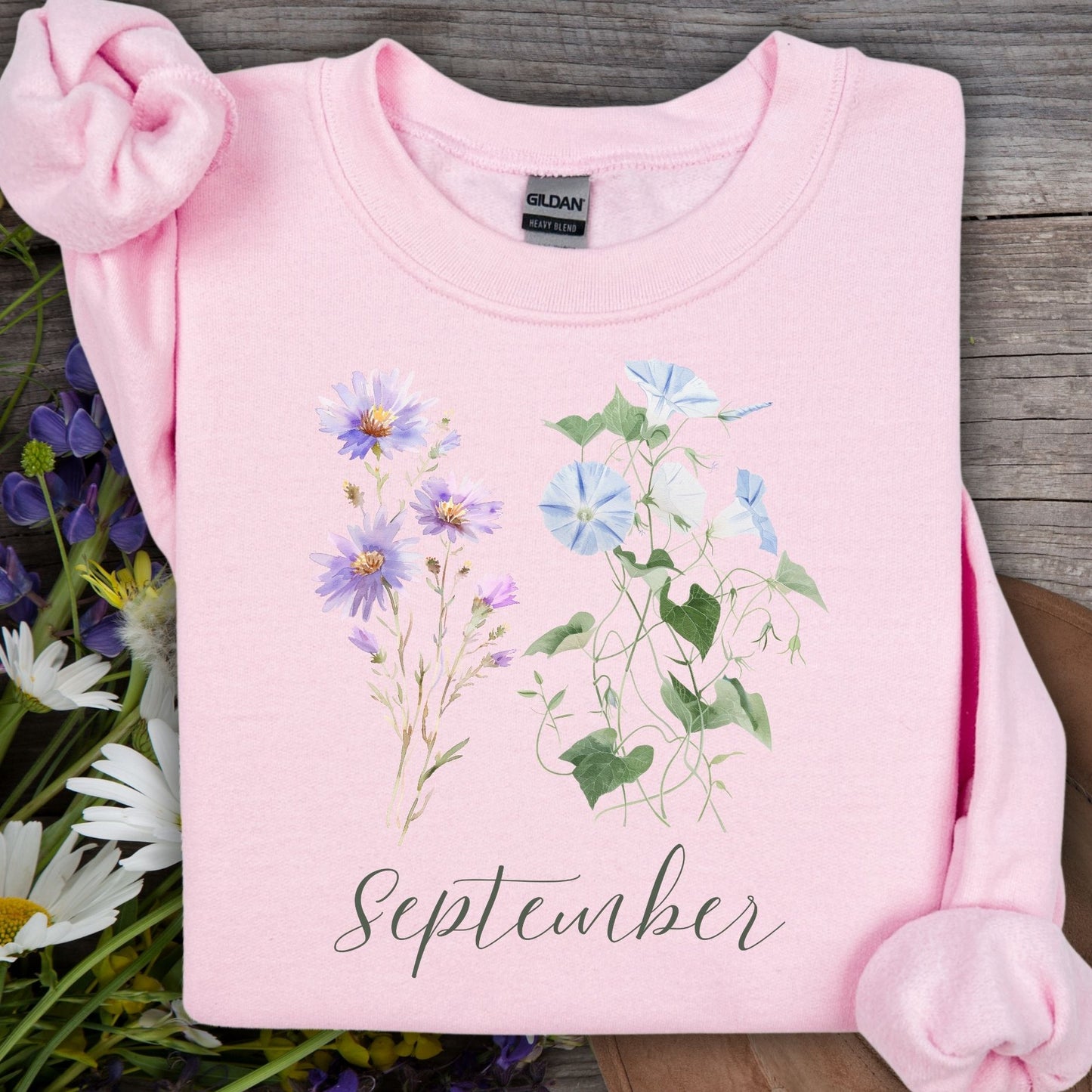 Light pink Gildan sweatshirt with watercolor morning glory and aster flowers, "September" text.