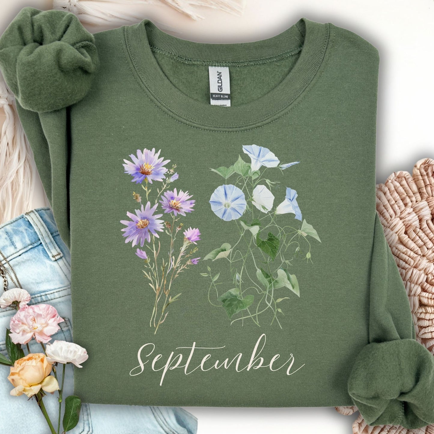 Military Green crewneck sweatshirt with watercolor morning glory and aster flowers and "September" text.