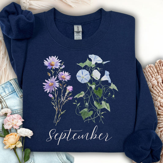 September Birth Month Flower Sweatshirt — Morning Glory & Aster