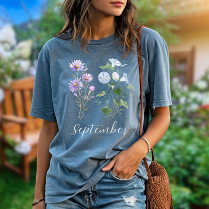 September Birth Month Flower T-Shirt — Aster & Morning Glory