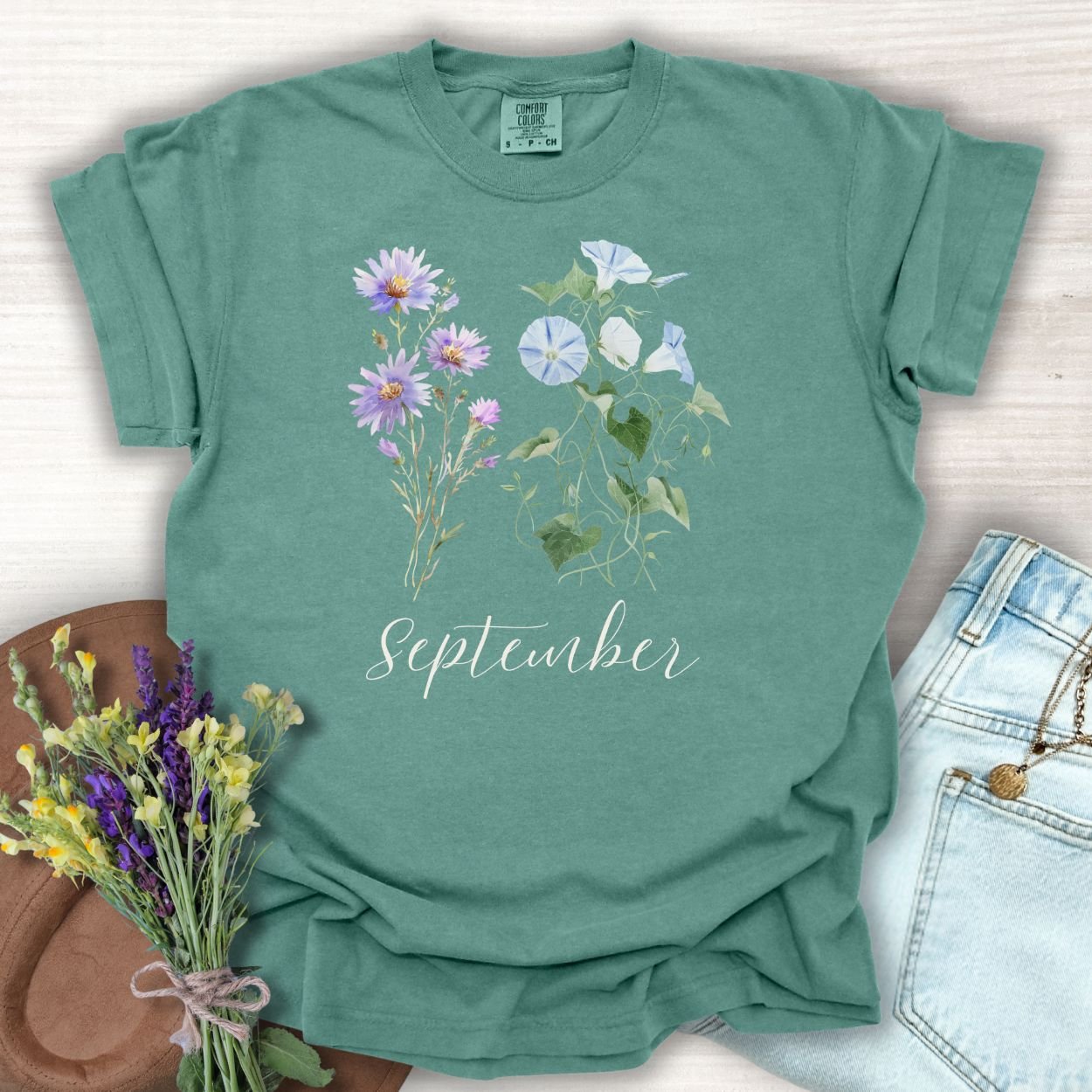 September Birth Month Flower T-Shirt — Aster & Morning Glory