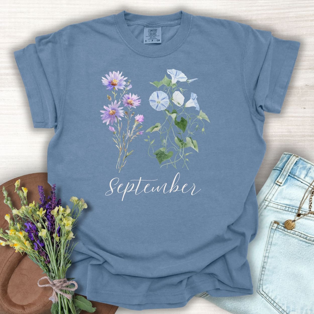 September Birth Month Flower T-Shirt — Aster & Morning Glory