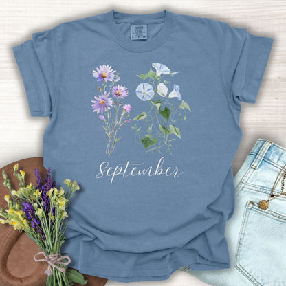 September Birth Month Flower T-Shirt — Aster & Morning Glory