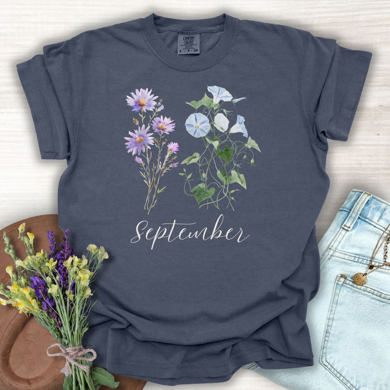 September Birth Month Flower T-Shirt — Aster & Morning Glory